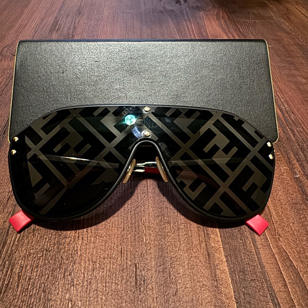 Fendi Black Logo Shield Sunglasses with Red Temple Tips